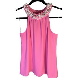 Lily Pulitzer Pink ShawnBlouse #001369 Pearl Beaded Collar Sz XS